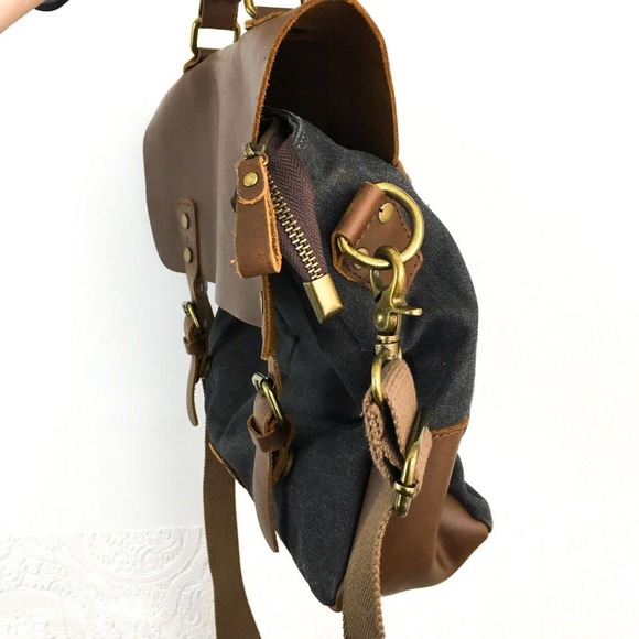 Retro leather & gray fabric laptop carry on travel work messenger bag - Picture 11 of 12